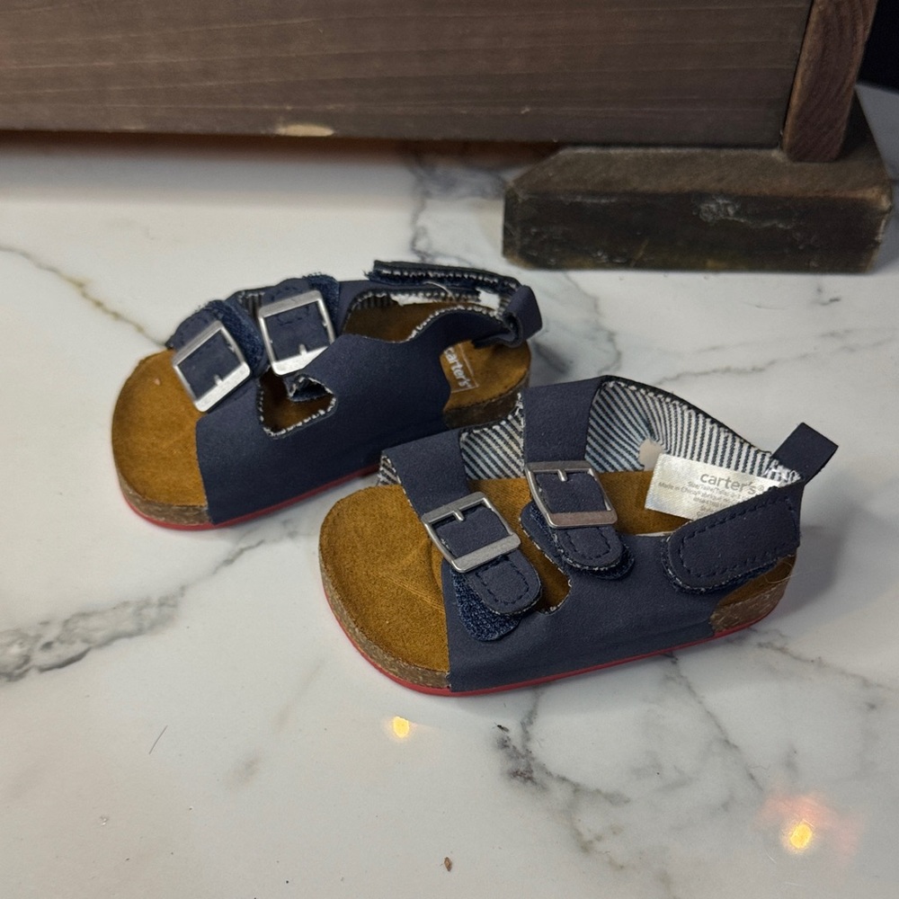 4/$15 Carter's (0-3 Months) Dark Blue Navy Infant Sandals with Brown Soles